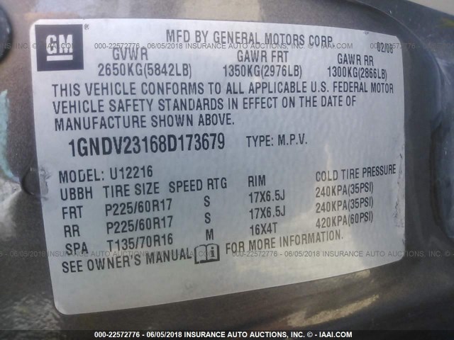 1GNDV23168D173679 - 2008 CHEVROLET UPLANDER LS BROWN photo 9