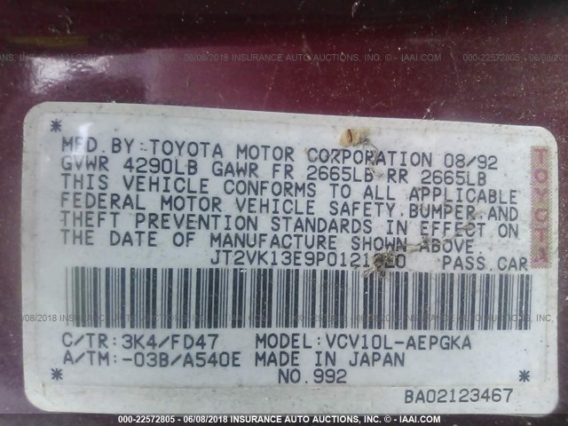 JT2VK13E9P0121920 - 1993 TOYOTA CAMRY XLE RED photo 9