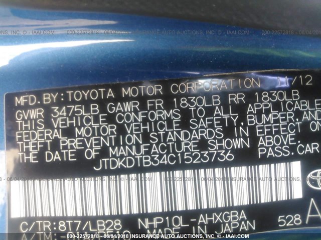 JTDKDTB34C1523736 - 2012 TOYOTA PRIUS C BLUE photo 9