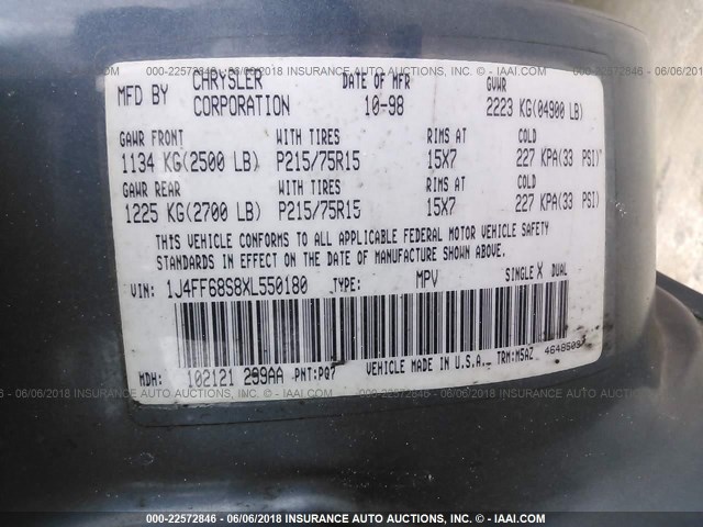 1J4FF68S8XL550180 - 1999 JEEP CHEROKEE SPORT/CLASSIC Jasnoniebieski zdjęcie 9