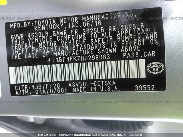 4T1BF1FK7HU298083 - 2017 TOYOTA CAMRY LE/XLE/SE/XSE SILVER photo 9