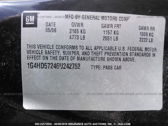 1G4HD57246U242752 - 2006 BUICK LUCERNE CXL BLACK photo 9