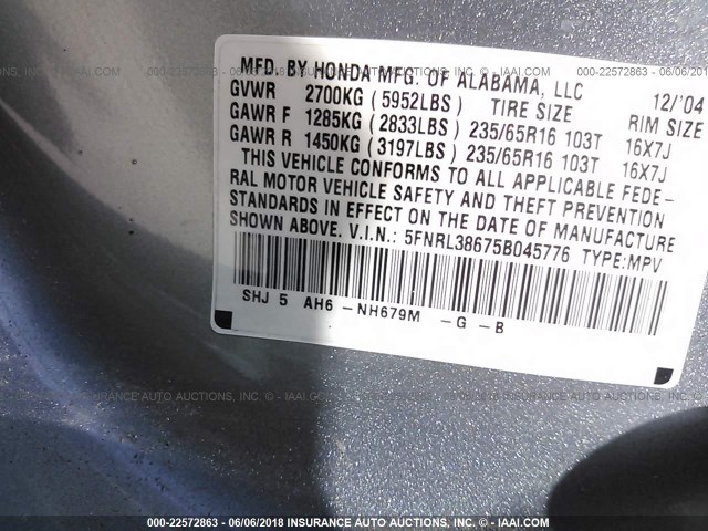 5FNRL38675B045776 - 2005 HONDA ODYSSEY EXL SILVER photo 9