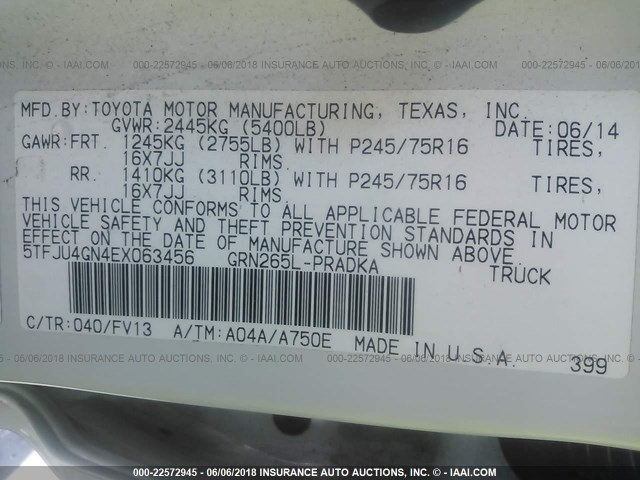 5TFJU4GN4EX063456 - 2014 TOYOTA TACOMA DOUBLE CAB PRERUNNER WHITE photo 9