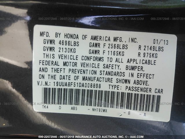 19UUA8F51DA008898 - 2013 ACURA TL TECH Մոխրագույն լուսանկար 9