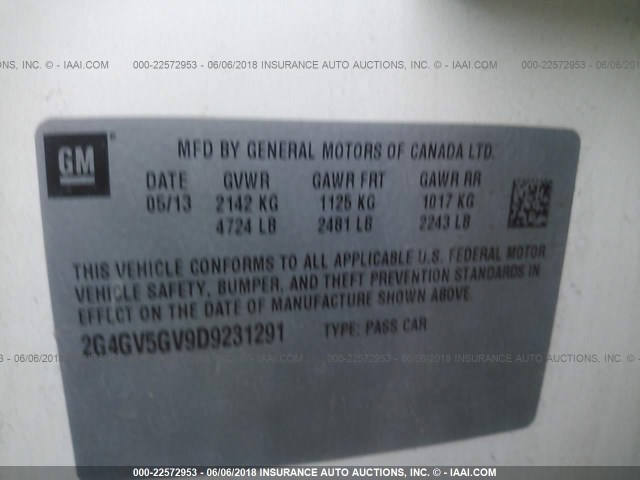 2G4GV5GV9D9231291 - 2013 BUICK REGAL GS WHITE photo 9