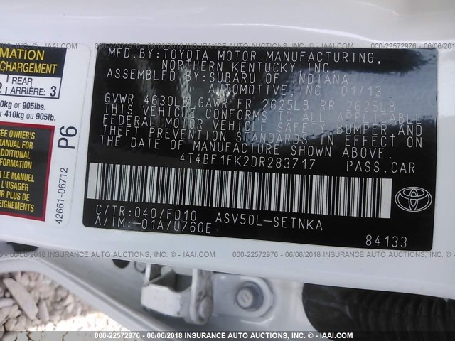 4T4BF1FK2DR283717 - 2013 TOYOTA CAMRY L/SE/LE/XLE 白色 照片 9