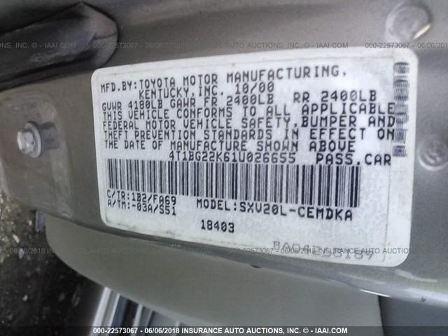 4T1BG22K61U026655 - 2001 TOYOTA CAMRY CE/LE/XLE GRAY photo 9
