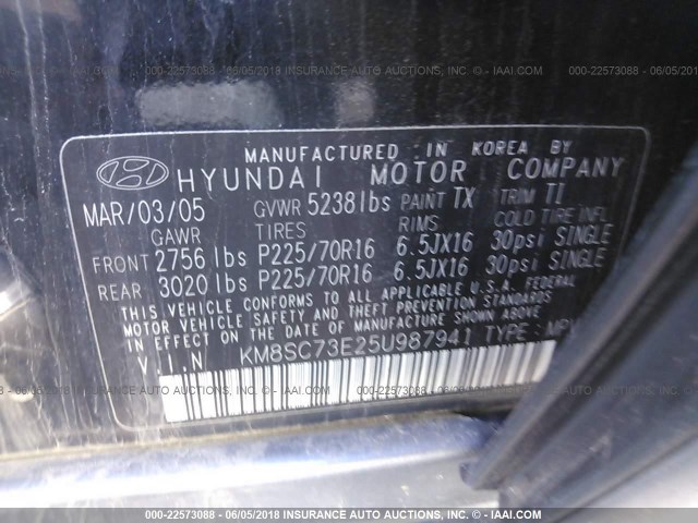 KM8SC73E25U987941 - 2005 HYUNDAI SANTA FE GLS/LX BLACK photo 9