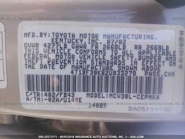 4T1BF30K82U033278 - 2002 TOYOTA CAMRY LE/XLE/SE ოქროსფერი ფოტო 9