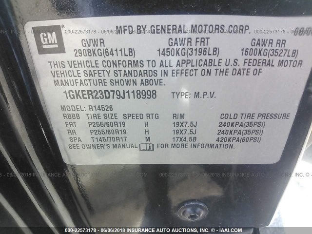 1GKER23D79J118998 - 2009 GMC ACADIA SLT-1 Grau Foto 9