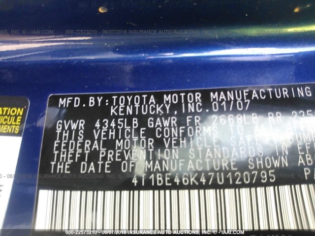 4T1BE46K47U120795 - 2007 TOYOTA CAMRY NEW GENERAT CE/LE/XLE/SE BLUE photo 9