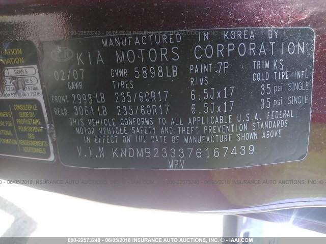 KNDMB233376167439 - 2007 KIA SEDONA EX/LX RED photo 9