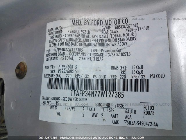 1FAFP34N77W127385 - 2007 FORD FOCUS ZX4/S/SE/SES 银色 照片 9