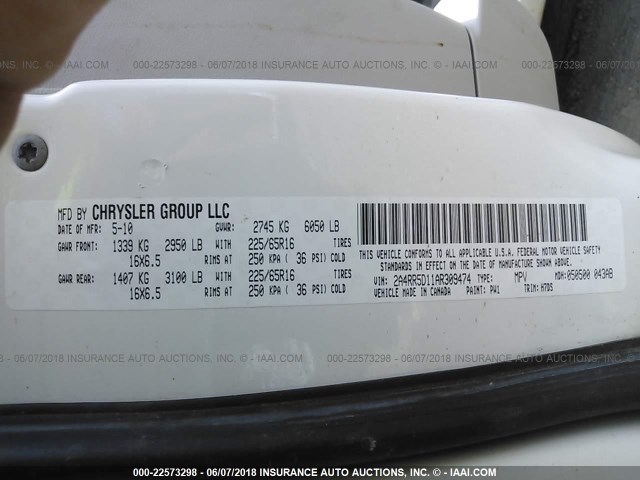 2A4RR5D11AR309474 - 2010 CHRYSLER TOWN & COUNTRY TOURING WHITE photo 9