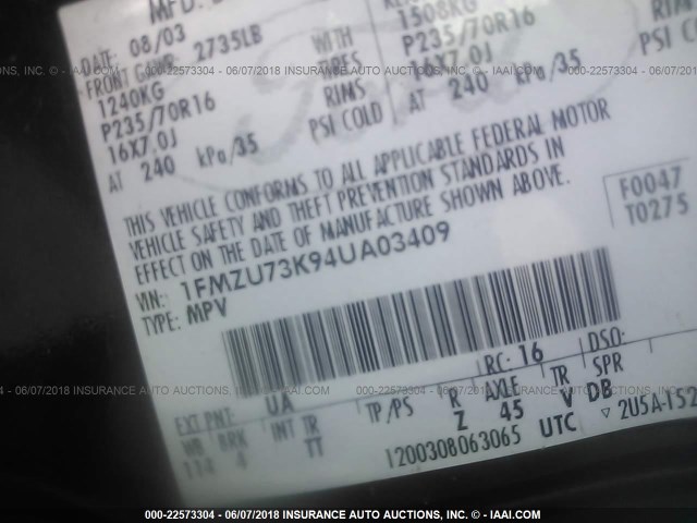 1FMZU73K94UA03409 - 2004 FORD EXPLORER XLT/XLT SPORT/NBX 黑色 照片 9