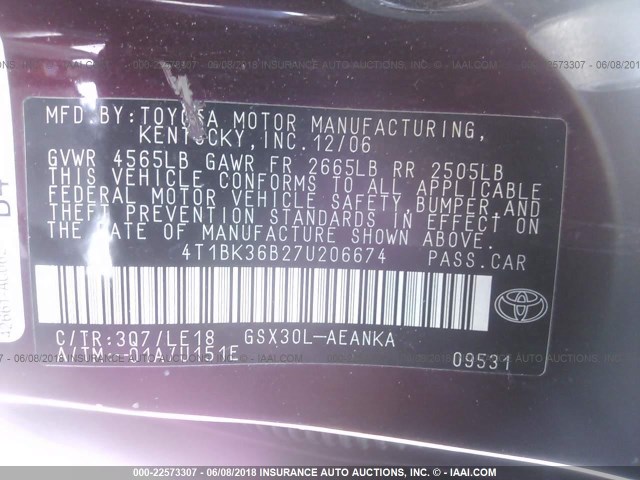 4T1BK36B27U206674 - 2007 TOYOTA AVALON XL/XLS/TOURING/LIMITED BURGUNDY photo 9