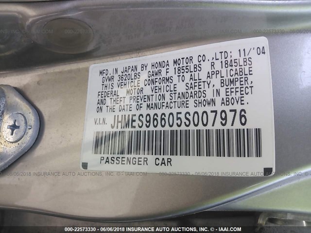 JHMES96605S007976 - 2005 HONDA CIVIC HYBRID SILVER photo 9