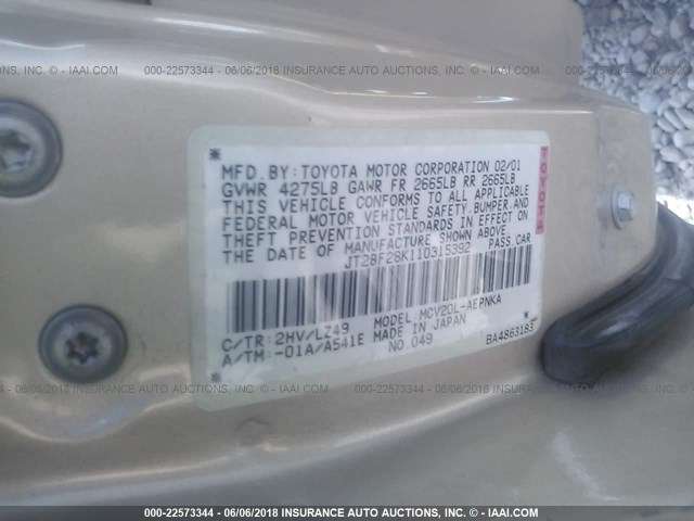 JT2BF28K110315392 - 2001 TOYOTA CAMRY LE/XLE 棕色 照片 9