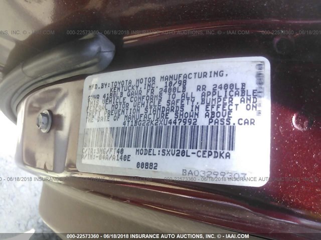 4T1BG22K2XU447992 - 1999 TOYOTA CAMRY CE/LE/XLE RED photo 9