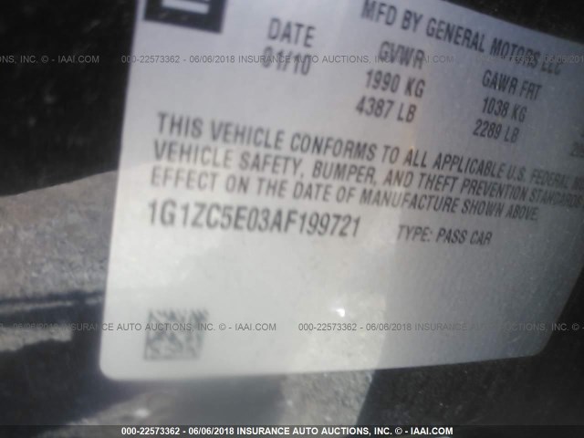 1G1ZC5E03AF199721 - 2010 CHEVROLET MALIBU 1LT 黑色 照片 9