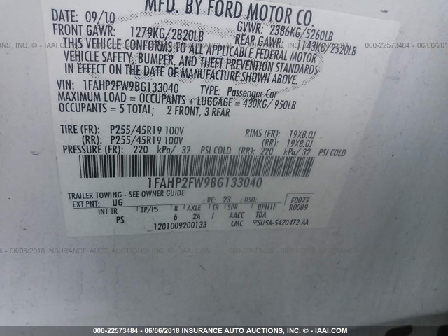 1FAHP2FW9BG133040 - 2011 FORD TAURUS LIMITED WHITE photo 9