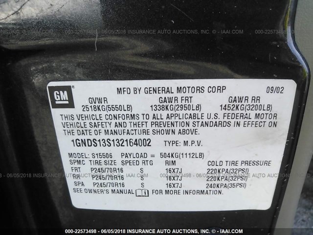 1GNDS13S132164002 - 2003 CHEVROLET TRAILBLAZER  BLACK photo 9