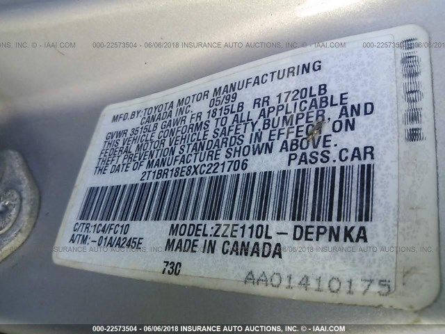 2T1BR18E8XC221706 - 1999 TOYOTA COROLLA VE/CE/LE 银色 照片 9