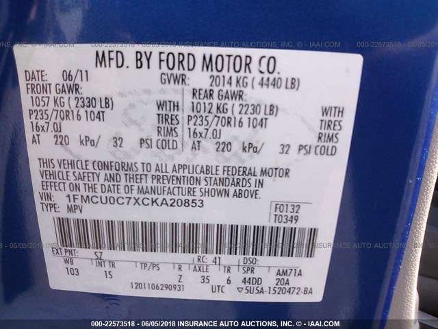 1FMCU0C7XCKA20853 - 2012 FORD ESCAPE XLS BLUE photo 9