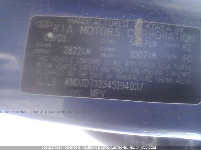 KNDJD733345194037 - 2004 KIA SORENTO EX/LX BLUE photo 9