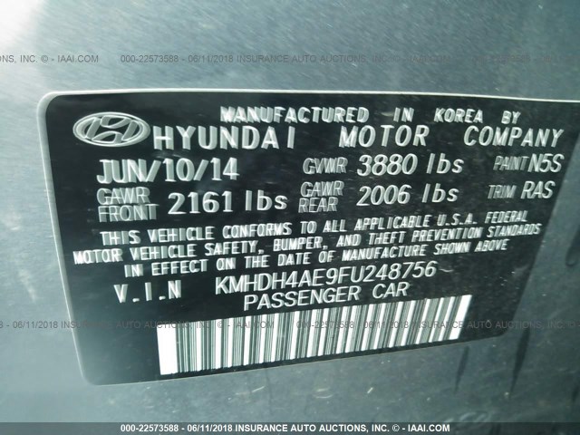KMHDH4AE9FU248756 - 2015 HYUNDAI ELANTRA SE/SPORT/LIMITED 灰色 照片 9