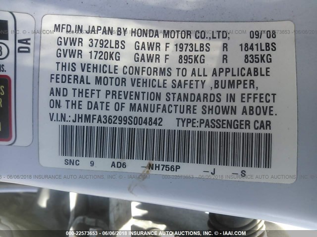 JHMFA36299S004842 - 2009 HONDA CIVIC HYBRID WHITE photo 9