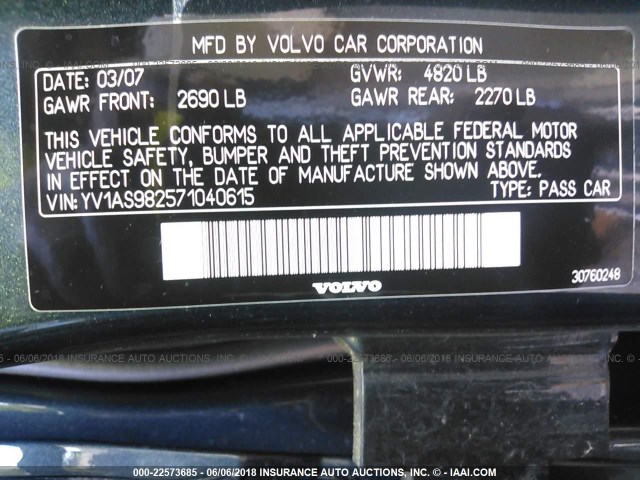 YV1AS982571040615 - 2007 VOLVO S80 3.2 BLUE photo 9