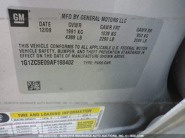 1G1ZC5E09AF188402 - 2010 CHEVROLET MALIBU 1LT 银色 照片 9