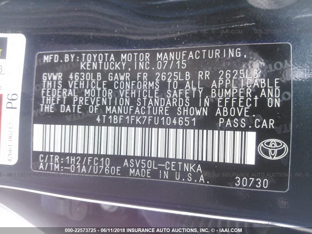 4T1BF1FK7FU104651 - 2015 TOYOTA CAMRY LE/XLE/SE/XSE BLACK photo 9