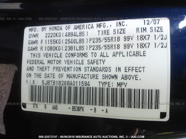 5J8TB18268A011594 - 2008 ACURA RDX BLUE photo 9