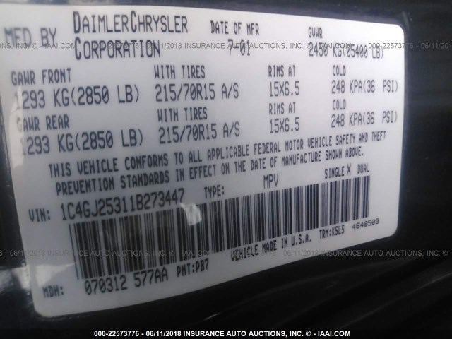 1C4GJ25311B273447 - 2001 CHRYSLER VOYAGER BLUE photo 9