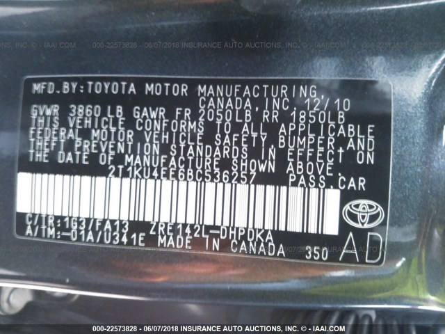 2T1KU4EE6BC536257 - 2011 TOYOTA COROLLA MATRIX  GRAY photo 9