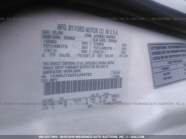 1FMRU1562YLA96783 - 2000 FORD EXPEDITION XLT Ağ foto 9