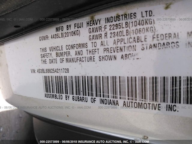 4S3BL686254211728 - 2005 SUBARU LEGACY GT SILVER photo 9