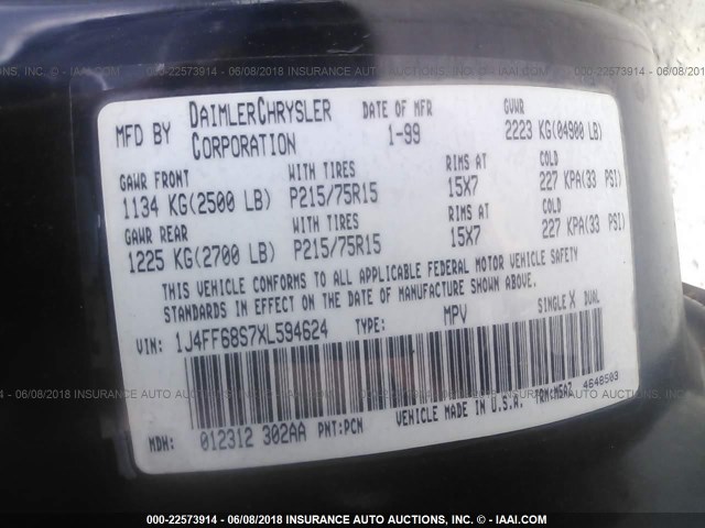 1J4FF68S7XL594624 - 1999 JEEP CHEROKEE SPORT/CLASSIC ლურჯი ფოტო 9