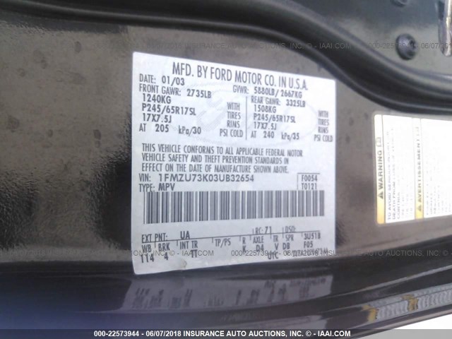 1FMZU73K03UB32654 - 2003 FORD EXPLORER XLT/XLT SPORT/NBX 黑色 照片 9