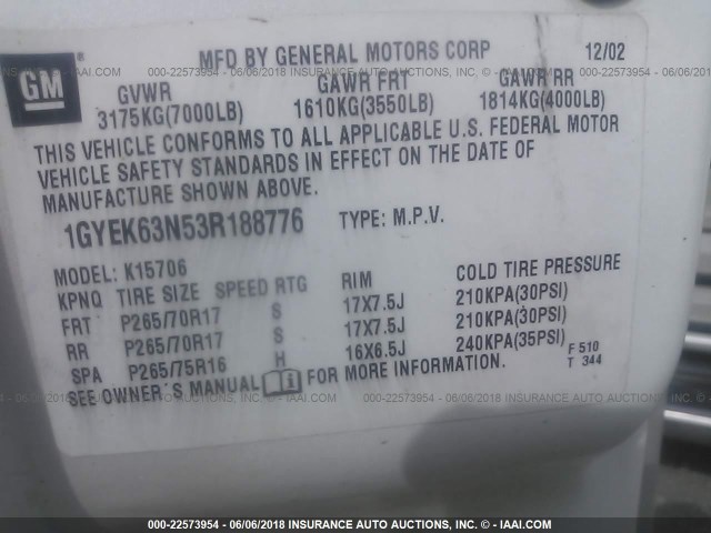 1GYEK63N53R188776 - 2003 CADILLAC ESCALADE LUXURY 奶油色 照片 9