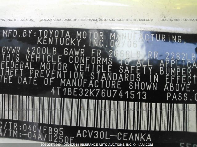 4T1BE32K76U741513 - 2006 TOYOTA CAMRY LE/XLE/SE Ağ foto 9