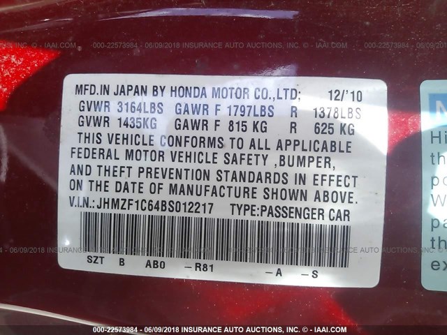 JHMZF1C64BS012217 - 2011 HONDA CR-Z EX RED photo 9