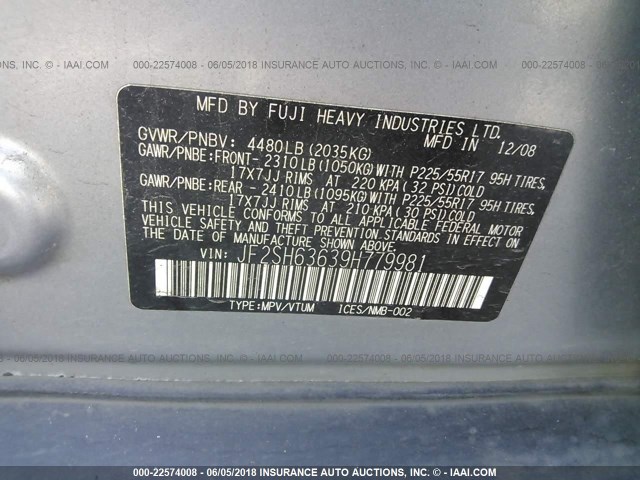 JF2SH63639H779981 - 2009 SUBARU FORESTER 2.5X PREMIUM SILVER photo 9