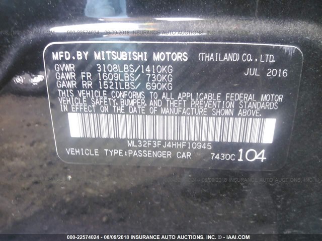 ML32F3FJ4HHF10945 - 2017 MITSUBISHI MIRAGE G4 ES Qara foto 9