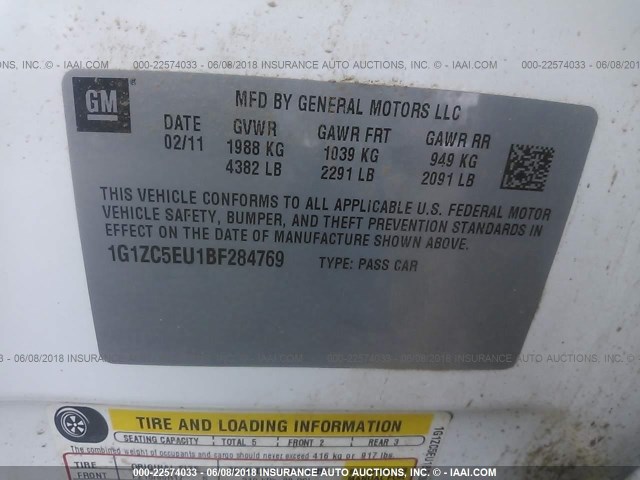 1G1ZC5EU1BF284769 - 2011 CHEVROLET MALIBU 1LT 白色 照片 9