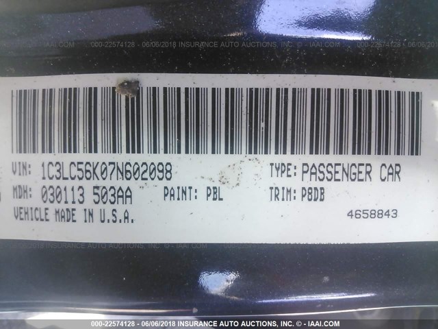 1C3LC56K07N602098 - 2007 CHRYSLER SEBRING TOURING BLUE photo 9