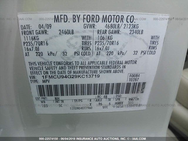 1FMCU94G29KC13719 - 2009 FORD ESCAPE LIMITED WHITE photo 9